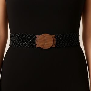 Elastic Wood Bead Belts, Black, 34.4 inch~38.3 inch